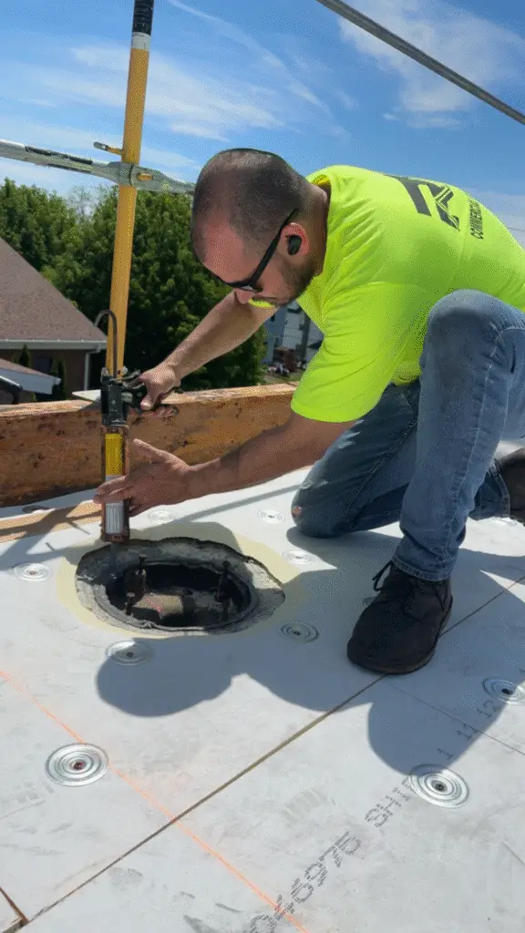 Joe from RTG Solutions sealing a roof drain penetration during the single ply roofing installation at Christ the King Church in Pennsylvania.