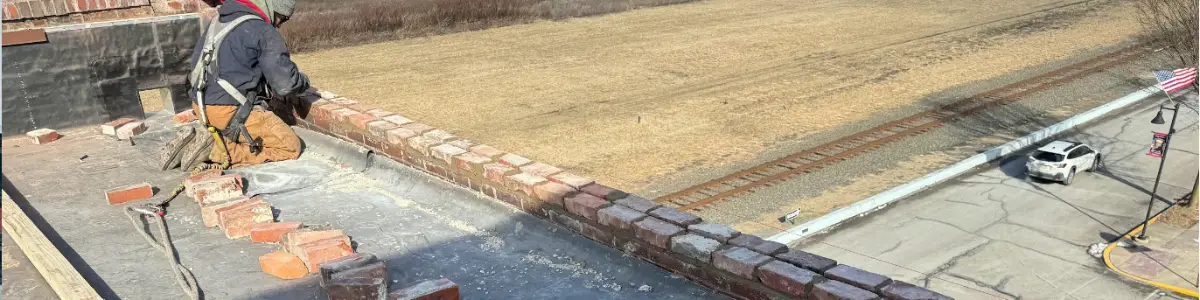 Roofer performing parapet tuckpointing and brick repair during Maxwell Building roof replacement in Renovo, PA